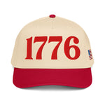 1776 patriotic embroidered 5 panel snapback baseball hat with red bill and structured front panel