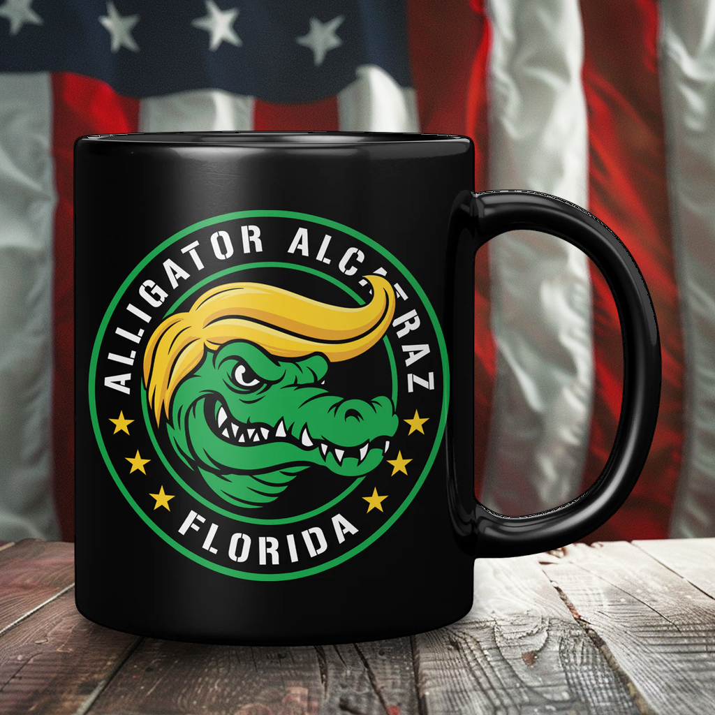 Alligator Alcatraz Gator Trump Hair Black Coffee Mug – Patriotic Clothing for True Americans | Drunk America