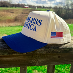 God Bless America Two Tone Royal Blue and White Hat with American Flag Embroidered on the side
