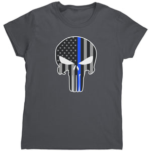 Thin Blue Line Punisher Skull (Ladies) -Apparel | Drunk America 