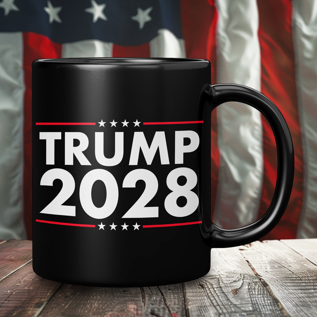 Trump 2028 Black Coffee Mug – Patriotic Clothing for True Americans | Drunk America