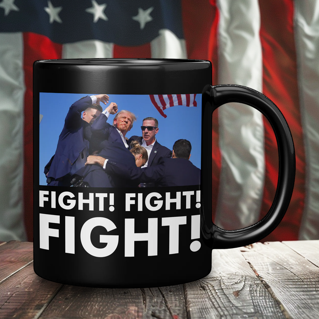 Trump Fight Fight Fight Black Coffee Mug – Patriotic Clothing for True Americans | Drunk America
