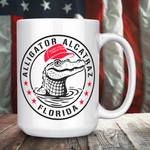 Drunk America Alligator Alcatraz Florida MAGA 15oz white coffee mug front view with gator emblem