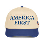 America First patriotic embroidered 5 panel baseball hat with blue bill and structured front panel