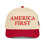 America First patriotic embroidered 5 panel baseball hat with red bill and structured front panel