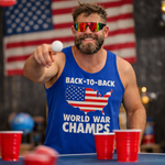 Drunk America Patriotic tank top with Back To Back World War Champs slogan and American flag USA map