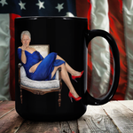 Front view of Bill Clinton blue dress political satire coffee mug with glossy black finish