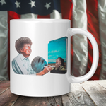 Donald Trump coffee mug featuring screaming liberal painting style artwork printed on a white ceramic mug front view 11 oz