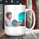 Donald Trump coffee mug featuring screaming liberal painting style artwork printed on a white ceramic mug front view