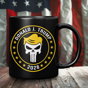 Donald J. Trump 2028  Black Coffee Mug – Patriotic Clothing for True Americans | Drunk America