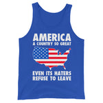 Drunk America patriotic America slogan tank top front view royal blue
