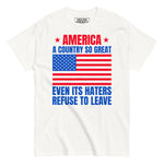 American flag shirt with bold red white and blue stars and stripes patriotic graphic on white t shirt by Drunk America