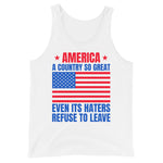 American flag shirt style tank top with red white and blue stars and stripes patriotic graphic on white tank