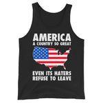 American flag shirt patriotic tank top with bold stars and stripes design on black featuring America so great slogan by Drunk America