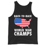 Drunk America patriotic back to back world war champs tank top with USA flag map graphic on black