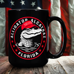 Drunk America 15oz black coffee mug front view featuring Florida MAGA alligator alcatraz design