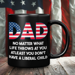 Front view of Drunk America conservative dad black coffee mug 11oz with patriotic dad message