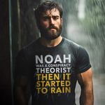 Drunk America conspiracy theorist t shirt lifestyle image worn by model with rain themed background