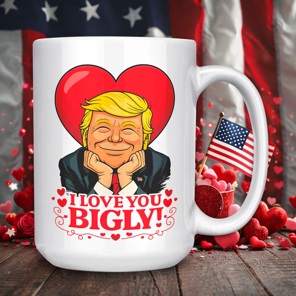 Donald Trump Valentine’s Day coffee mug by Drunk America front view with I Love You Bigly heart design