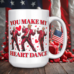 Drunk America Donald Trump Valentine’s Day Coffee Mug You Make My Heart Dance 15oz displayed on wooden table