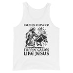 White Christian tank top with I'm this close to flipping tables like Jesus biblical design