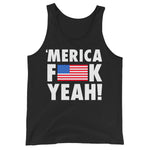 Drunk America Merica F Yeah patriotic tank top with American flag front design in black