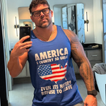 Patriot wearing a blue Drunk America tank top featuring an American flag graphic and bold pro America message, showcasing strong fit and patriotic style