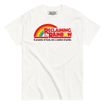 White Christian t shirt featuring Reclaiming the Rainbow design with biblical rainbow graphic