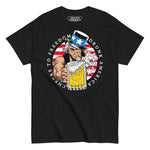 Drunk America branded graphic t shirt featuring iconic Uncle Sam logo holding a beer on black shirt