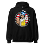 Black Drunk America branded hoodie featuring iconic Uncle Sam logo holding a beer