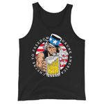 Drunk America branded tank top featuring iconic Uncle Sam logo holding a beer on black tank
