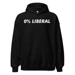 Black hoodie with 0 Percent Liberal political text printed on front