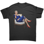 Funny Bill Clinton blue dress tank top featuring political satire illustration on black t-shirt