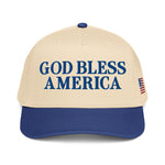 God Bless America embroidered 5 panel snapback baseball hat with blue bill patriotic faith based design
