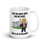 Funny Trump coffee mug with White House ballroom political humor design
