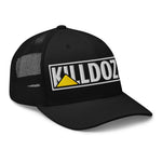 Black trucker hat with 'KILLDOZ' embroidered in white and yellow, featuring mesh back and patriotic design