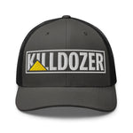Gray trucker hat with embroidered KILLDOZER logo and yellow triangle, bold patriotic design