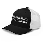 Black and white trucker hat with 'Make America Wealthy Again' embroidered text, patriotic apparel