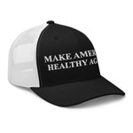 Black and white trucker hat with 'MAKE AMERICA HEALTHY AGAIN' embroidered text, patriotic apparel