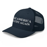 Navy blue trucker hat with 'Make America Wealthy Again' embroidered in white, patriotic American style.