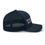 Navy blue trucker hat with white 'MAKE AMERICA HEALTHY' text, patriotic style cap for men