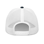 White mesh trucker hat with black button and adjustable strap, ideal for patriotic American style
