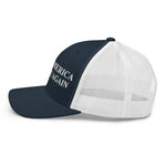 Navy and white trucker hat with 'America Again' text, patriotic American gear for patriots.