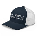 Navy and white trucker hat with 'Make America Wealthy Again' embroidered text, patriotic American apparel.