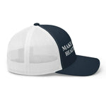 Navy and white trucker hat with 'MAKE AMERICA HEALTHY' text, patriotic style cap