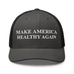 Black trucker hat with 'Make America Healthy Again' embroidered in white, patriotic apparel for Americans.