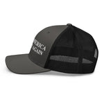 Black trucker hat with 'America Again' text, patriotic design for American pride