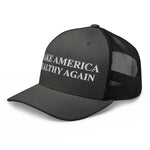 Black trucker hat with 'Make America Wealthy Again' embroidered in white, patriotic American style.