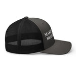 Black and gray trucker hat with 'MAKE AMERICA HEALTHY' text, patriotic style cap for men