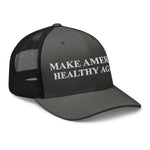 Black trucker hat with 'MAKE AMERICA HEALTHY AGAIN' embroidered in white, patriotic style cap
